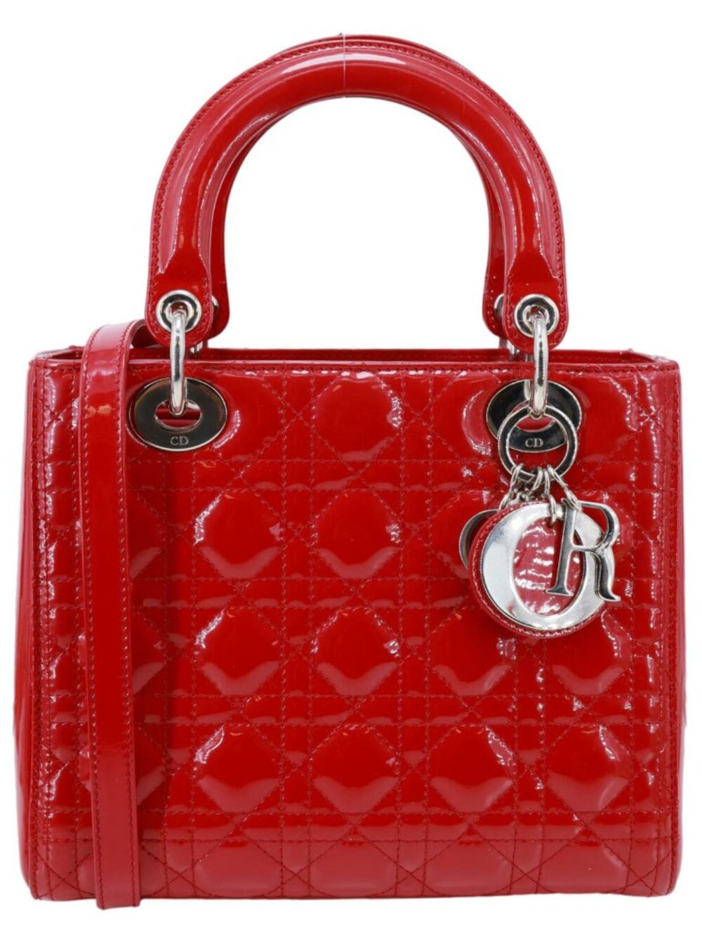 Christian Dior  Lady Dior Medium Cannage Patent Leather Tote Shoulder Bag Red
